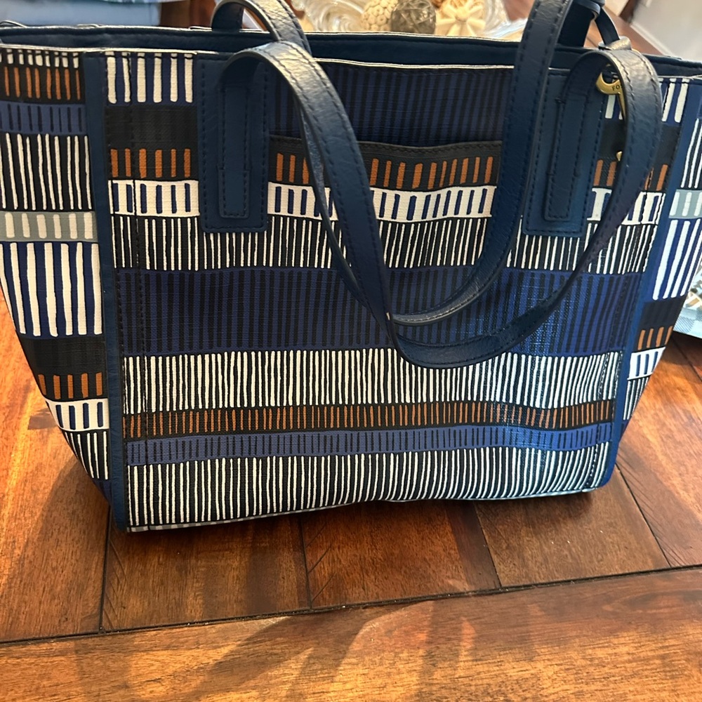 Fossil Navy and White Striped Tote